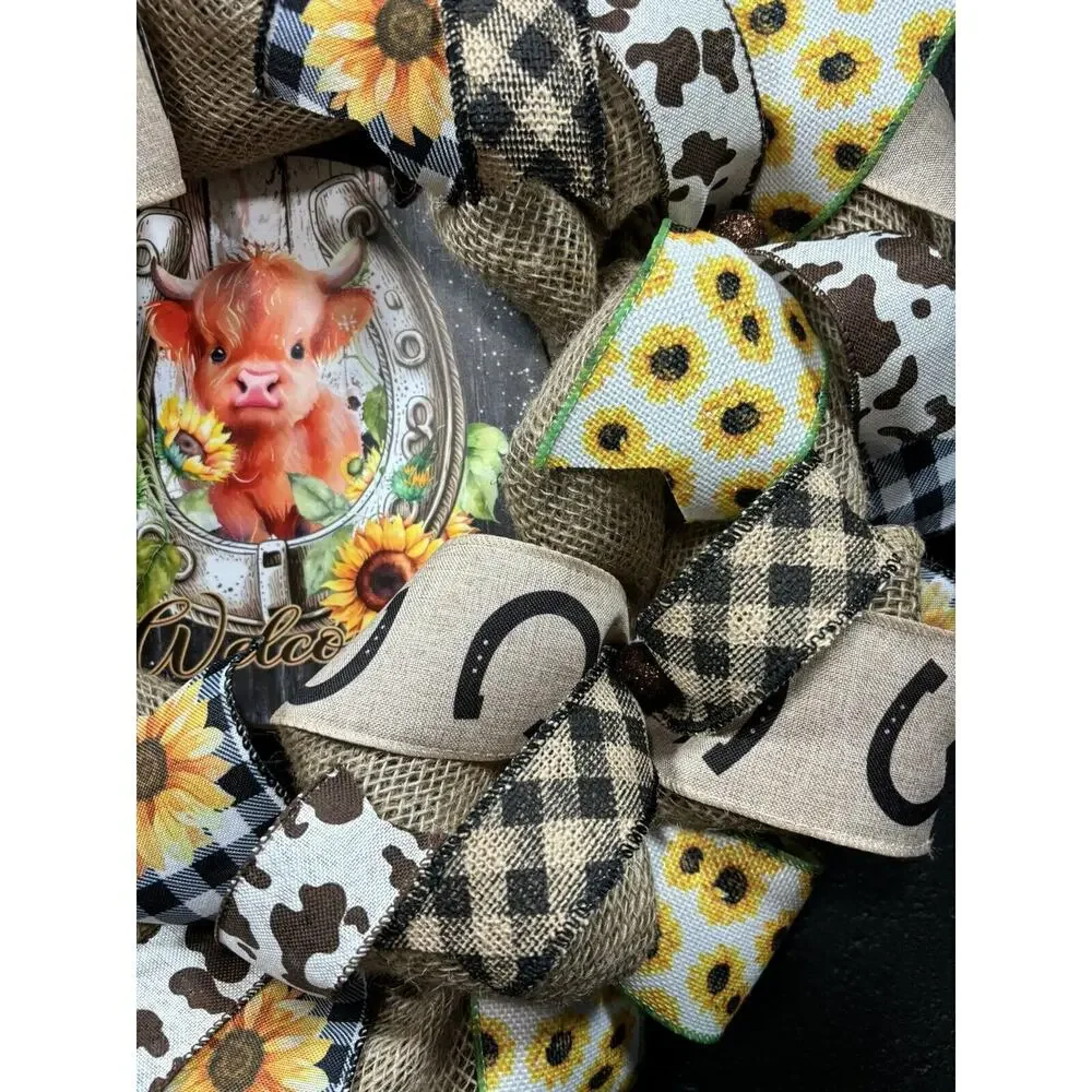 Handmade Burlap Wreath Farmhouse Highland Cow Fall Western Horseshoe 22 Inch
